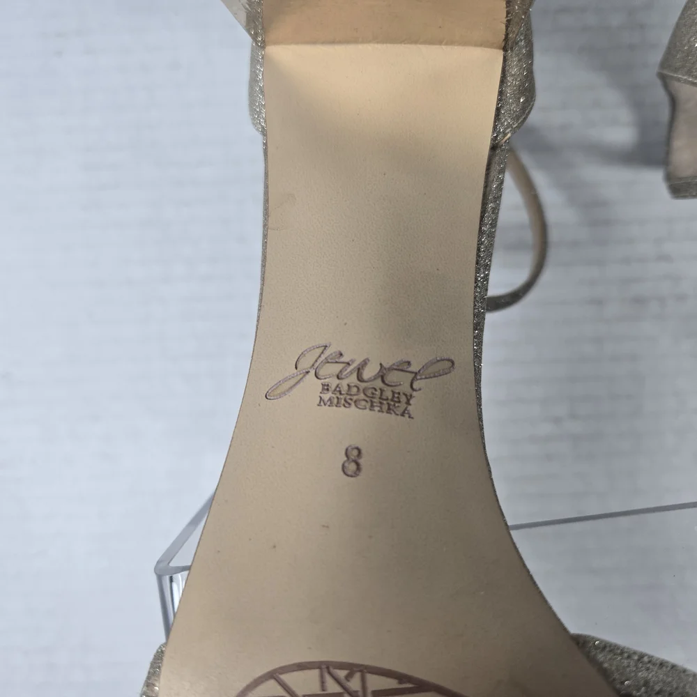 Jewel Badgley Mischka Giona Gold Jeweled Ankle Strap Block Heels Size 8 - Picture 13 of 15